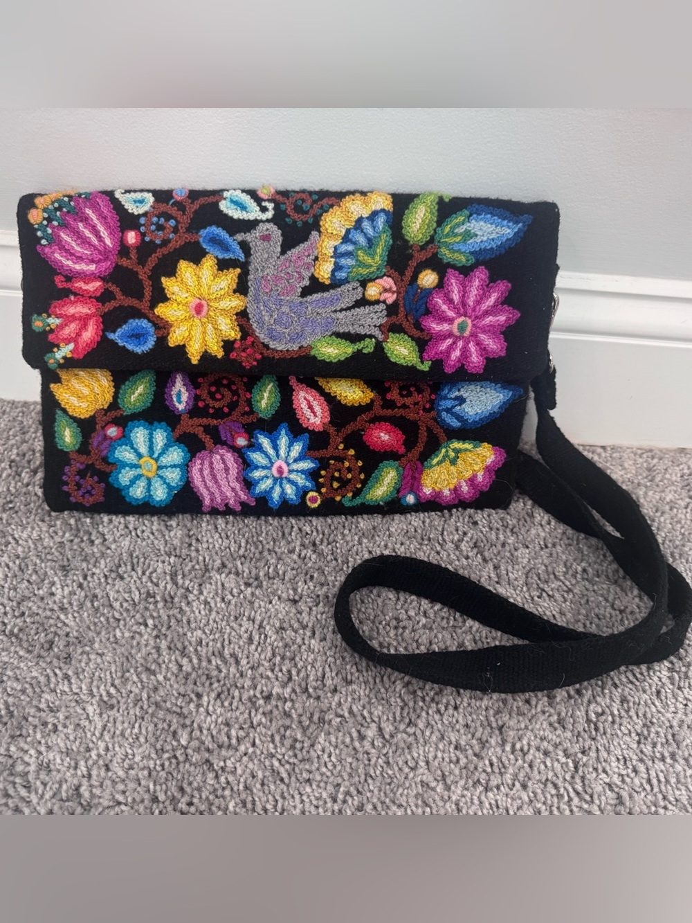 Beyond Threads Wool Brightly Colored Embroidered Black Crossbody Bag